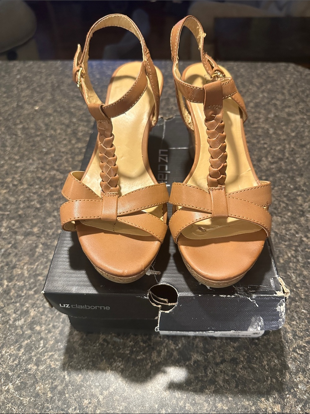 Liz Claiborne Cognac Brown Braided T-Strap Wedge Sandals